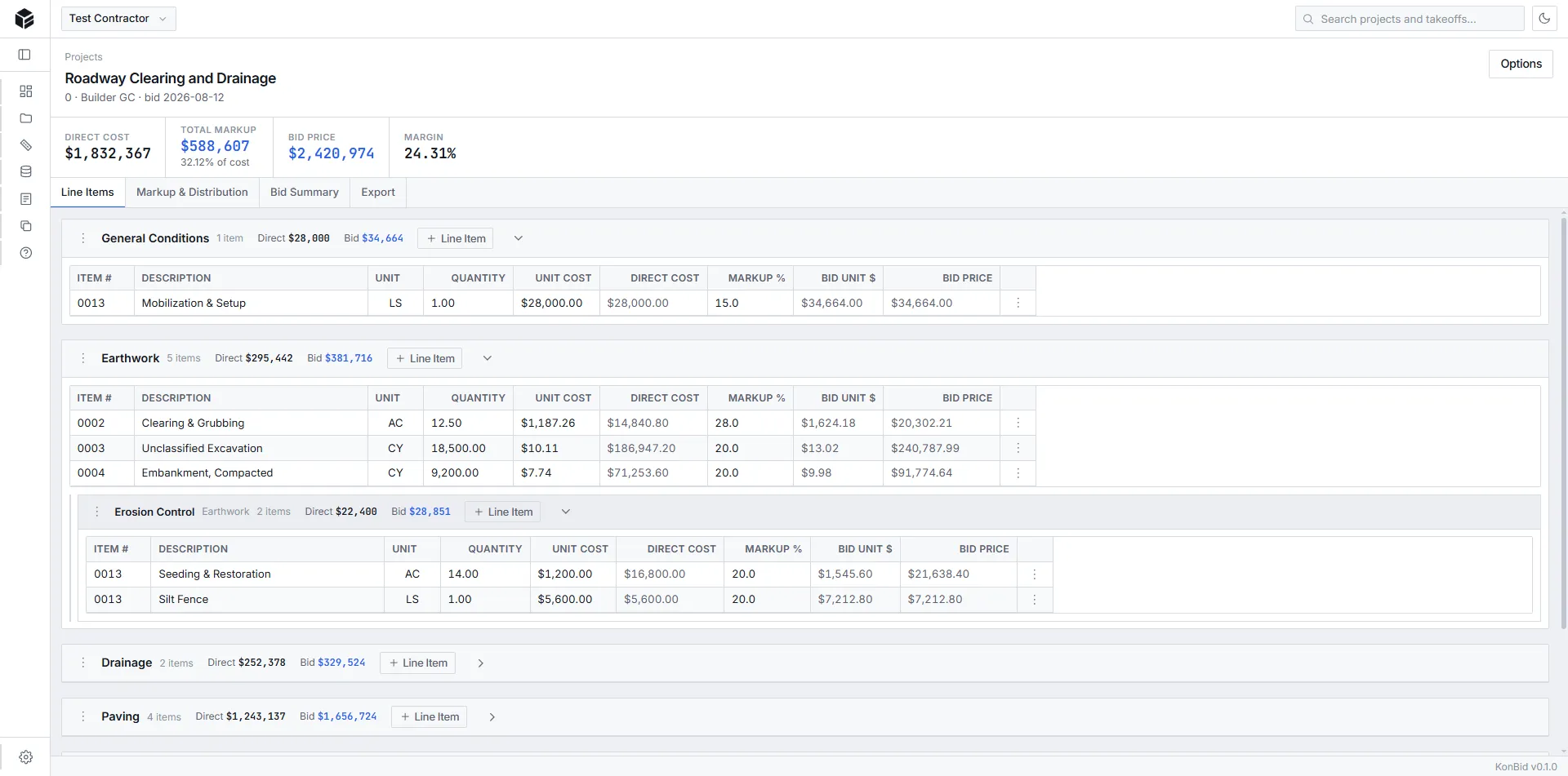 KonBid app interface showing Roadway Clearing and Drainage estimate with direct costs, markup, and bid price totals.
